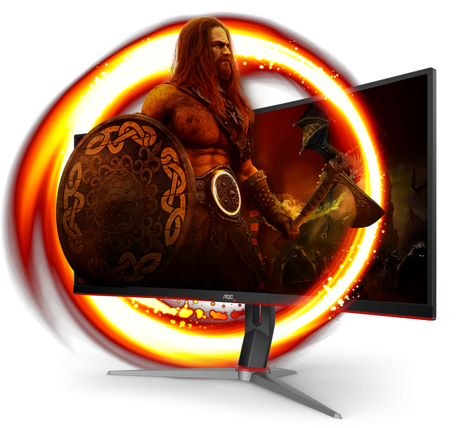 a game scene where a man is looking far away with a shield in his right hand is popping out of A Gaming Monitor CQ34G2